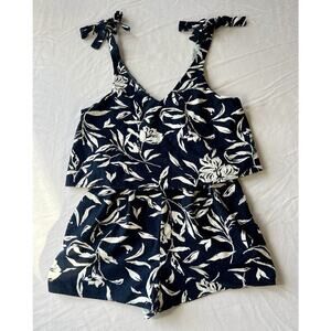 JOA Womens Romper Shorts Linen Black White Floral Beach Cruise Vacation SZ SM